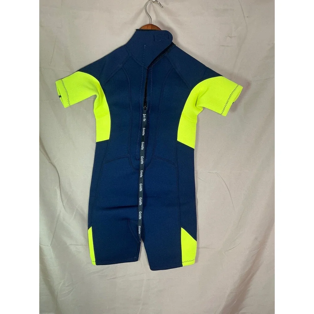 Goldfin Wetsuit Shorty Youth 8 Navy Blue Neon Yellow Excellent Back Zip Neoprene